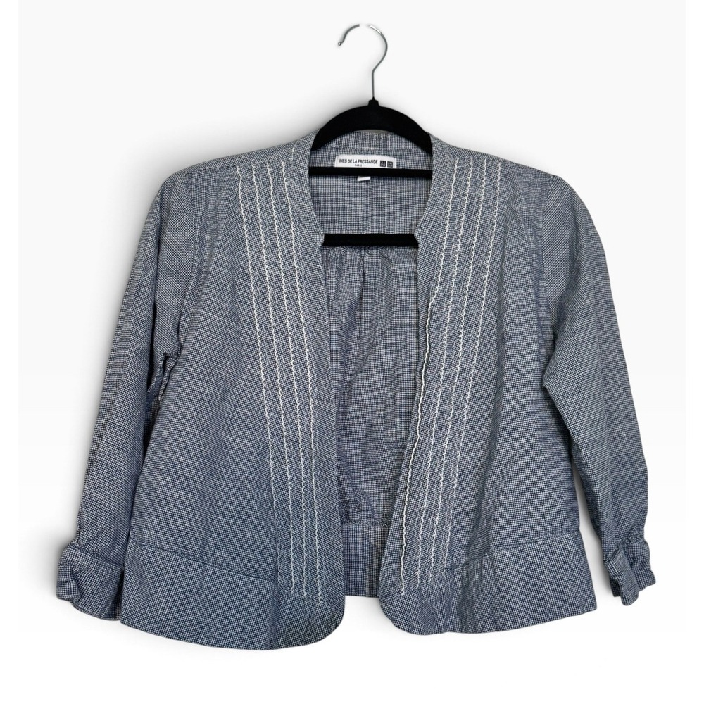 Uniqlo Ines de la Fressange Blue Houndstooth Linen Blend Open Front Jacket